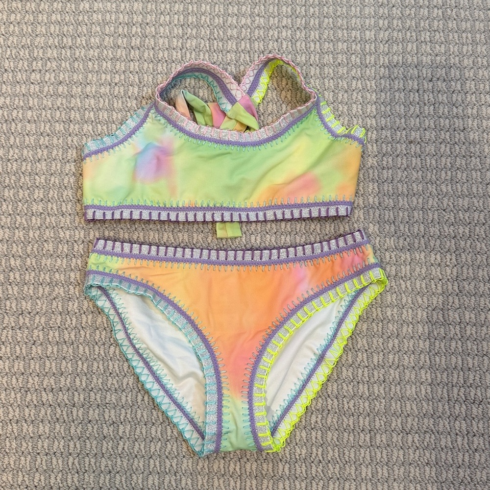 PQ Swim Girls Neon Pastel Tie-Dye Bikini Set with Crochet Trim - size 14.